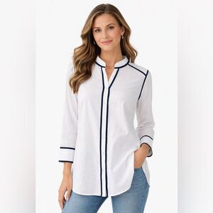 Gretchen Scott Designs White Button-Down Shirt with Navy Trim NWT